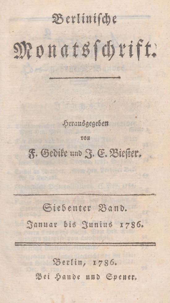 Mendelssohn Gesellschaft | Berlinische Monatsschrift März 1786 Cover