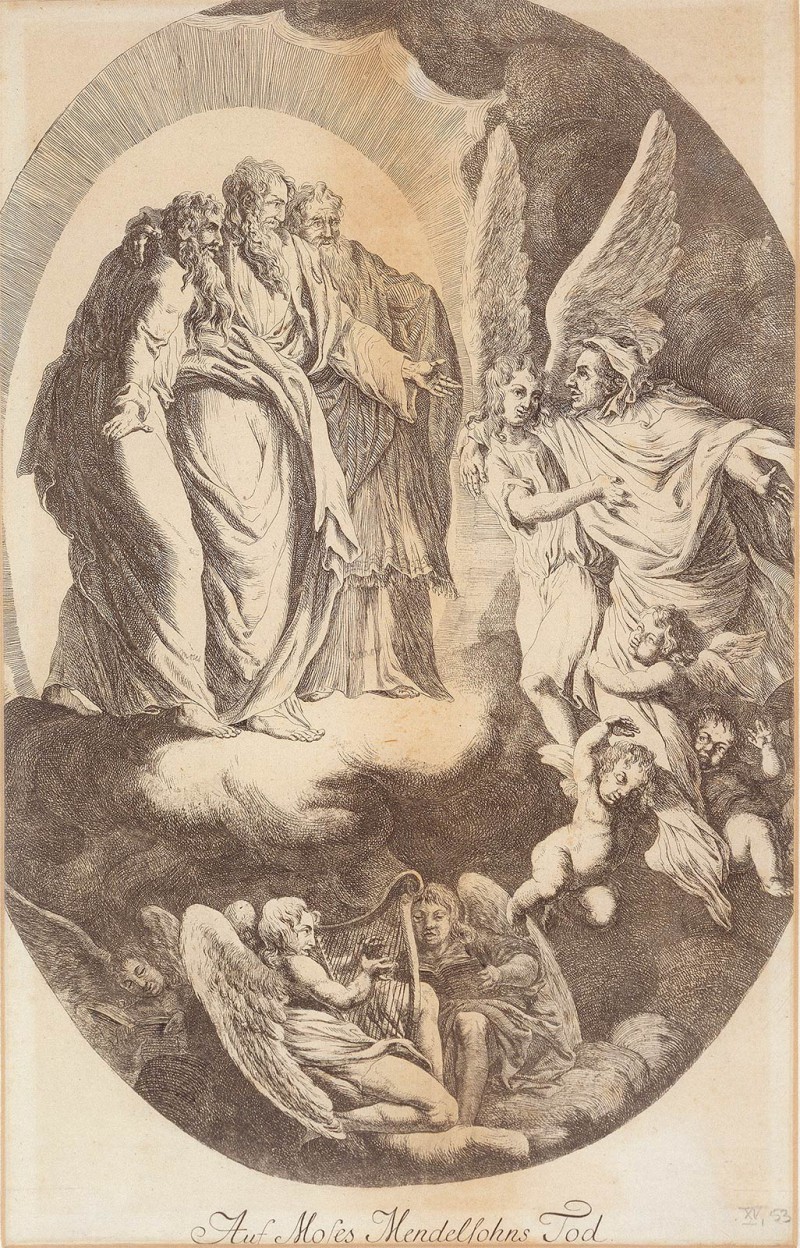 Moses Mendelssohn at the Pearly Gates: The saying “From Moses to Moses, there was no one like Moses,” which originally applied to Moses Maimonides, was expanded in praise of Mendelssohn.  Johann Christian Friedrich Räntz, Moses Mendelssohn is Received into Heaven, undated. © bpk / Staatsbibliothek zu Berlin.