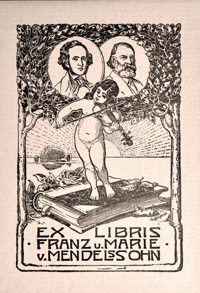 The ex libris label used by Franz and Marie von Mendelssohn, featuring the portraits of the family friend Joseph Joachim (right) and of Felix Mendelssohn Bartholdy. Image: private collection.